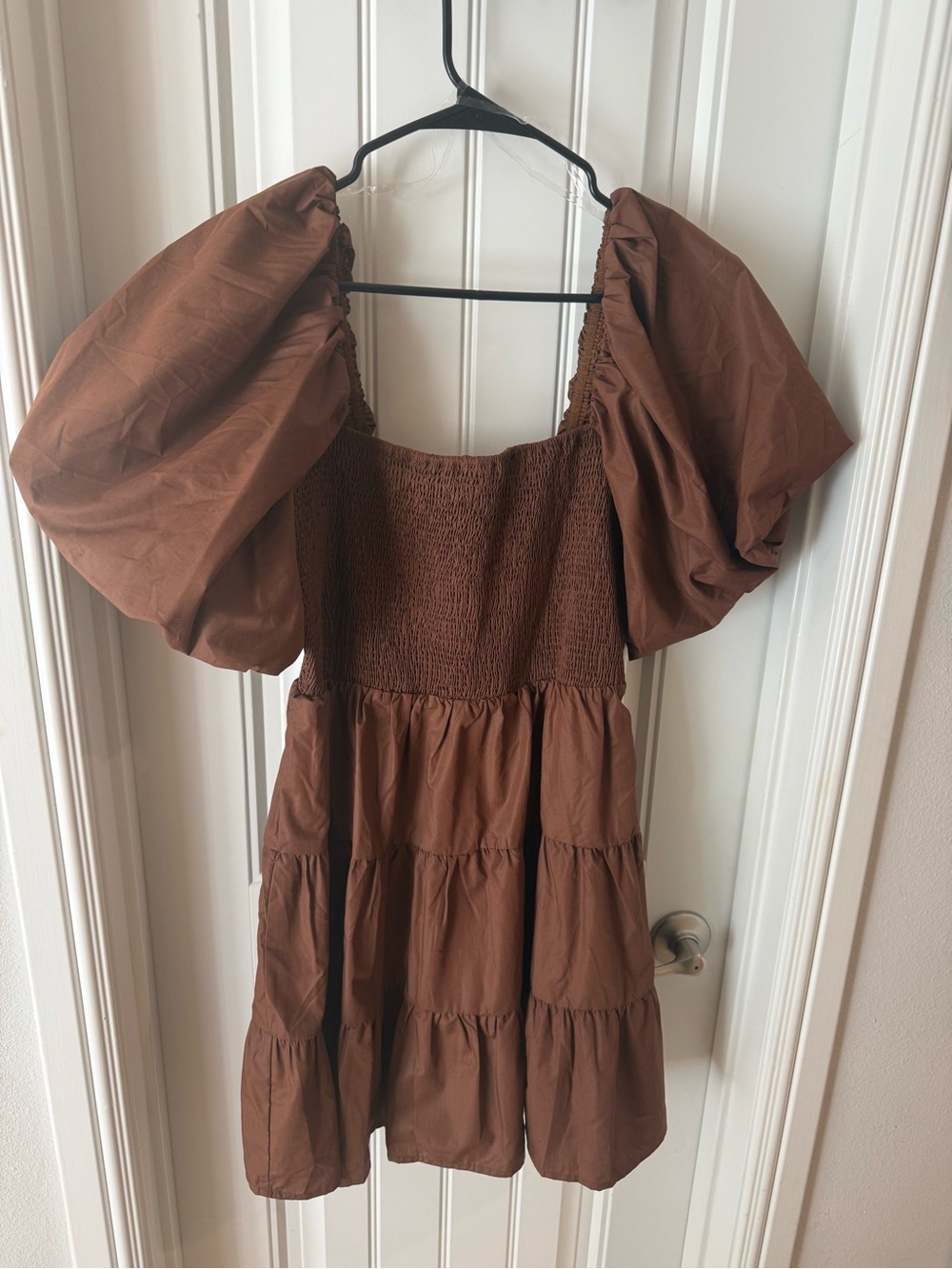 entro Chocolate Brown Smocked Puff Sleeve Mini Dress - Picture 2 of 4